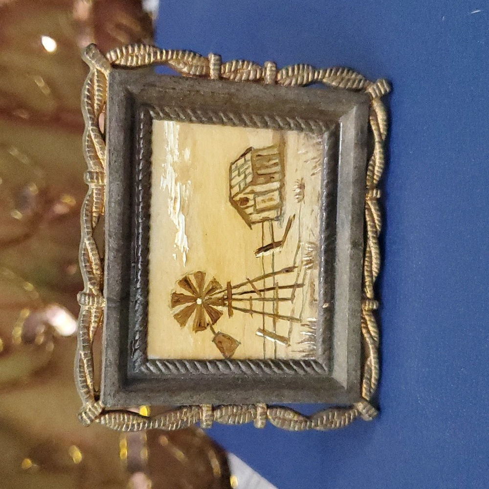 Miniature Mid 70s Americana Framed Doll House Painting, Windmill / Rustic Barn